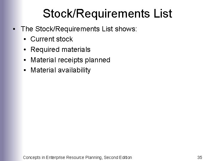 Stock/Requirements List • The Stock/Requirements List shows: • Current stock • Required materials •