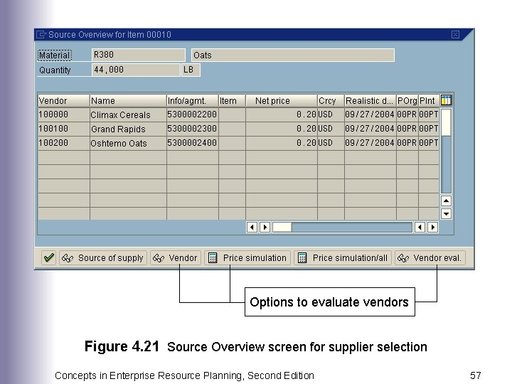 Options to evaluate vendors Figure 4. 21 Source Overview screen for supplier selection Concepts