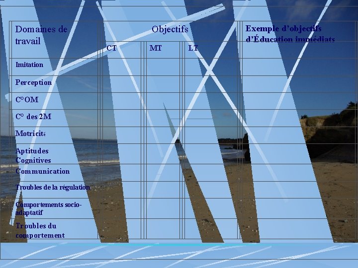 Domaines de travail Objectifs Exemple d’objectifs d’Éducation immédiats CT MT LT Imitation Perception C°OM