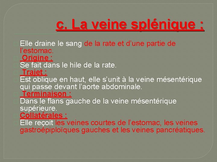 c. La veine splénique : � Elle draine le sang de la rate et