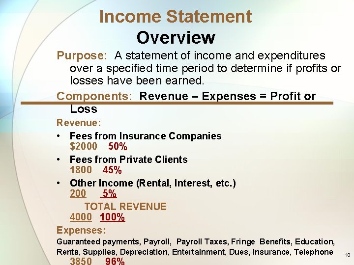 Income Statement Overview Purpose: A statement of income and expenditures over a specified time