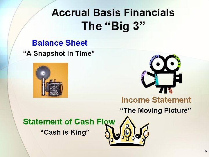 Accrual Basis Financials The “Big 3” Balance Sheet “A Snapshot in Time” Income Statement