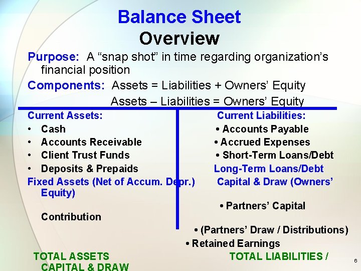 Balance Sheet Overview Purpose: A “snap shot” in time regarding organization’s financial position Components: