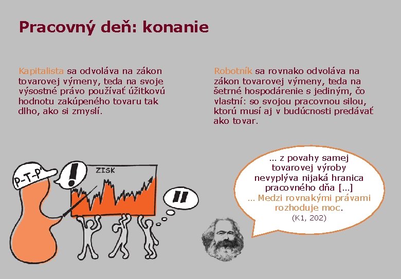 Pracovný deň: konanie Kapitalista sa odvoláva na zákon tovarovej výmeny, teda na svoje výsostné