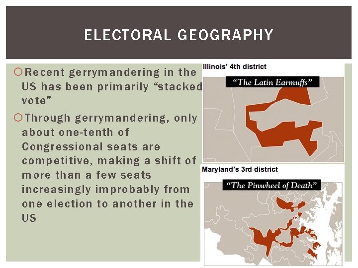 ELECTORAL GEOGRAPHY Recent gerrymandering in the US has been primarily “stacked vote” Through gerrymandering,