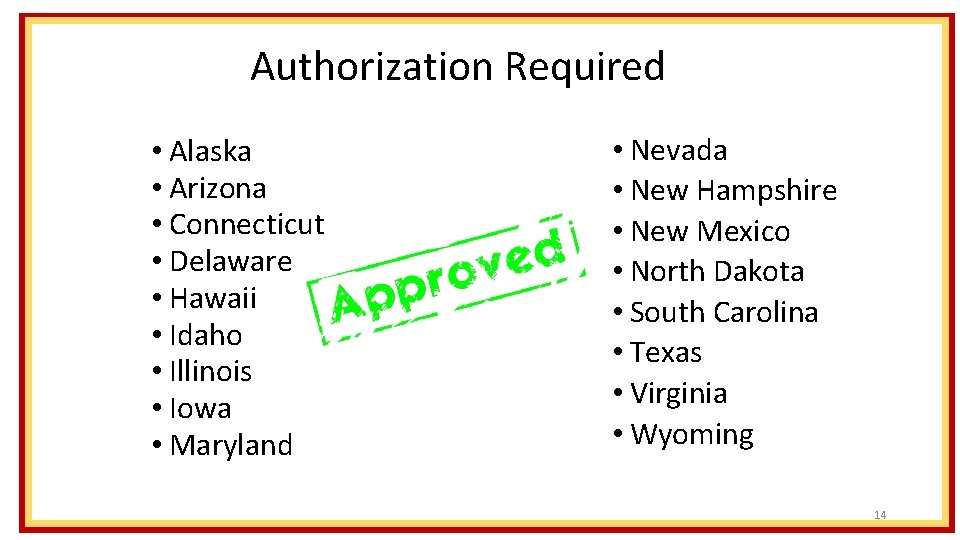 Authorization Required • Alaska • Arizona • Connecticut • Delaware • Hawaii • Idaho