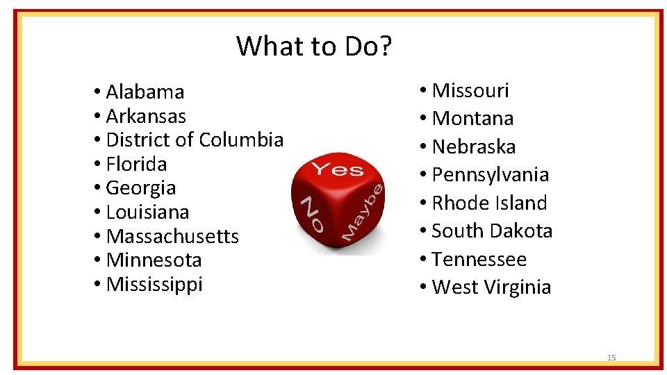 What to Do? • Alabama • Arkansas • District of Columbia • Florida •