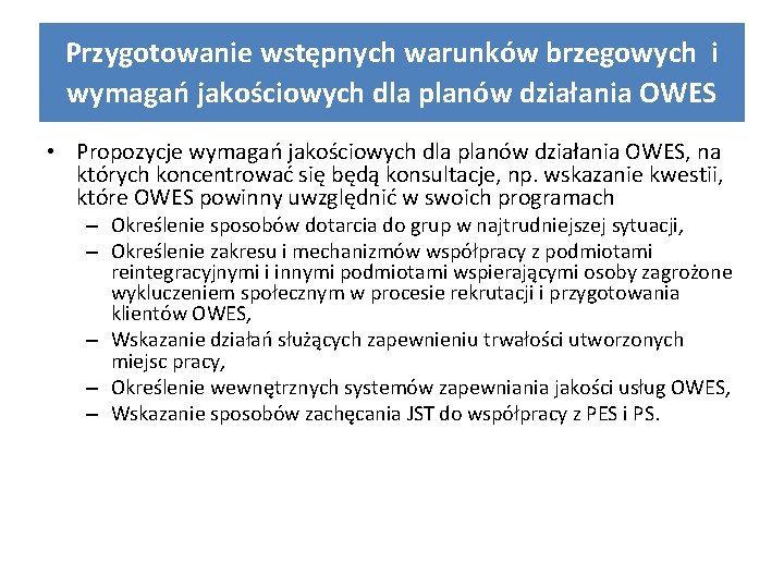 Przygotowanie wstępnych warunków brzegowych i wymagań jakościowych dla planów działania OWES • Propozycje wymagań