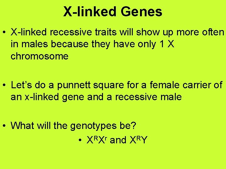 X-linked Genes • X-linked recessive traits will show up more often in males because