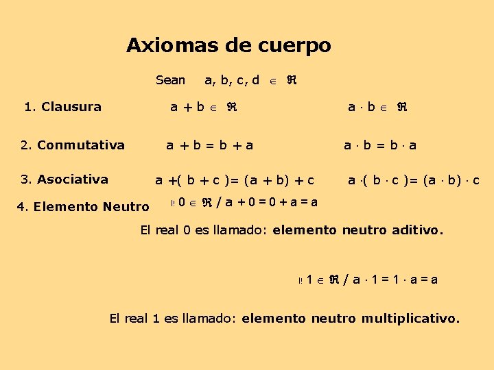 Axiomas de cuerpo Sean 1. Clausura a, b, c, d a + b 2.