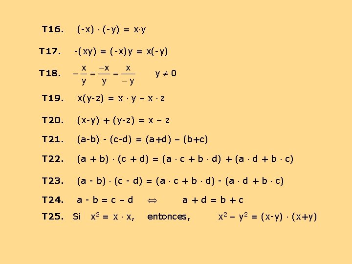 T 16. T 17. (-x) (-y) = x y -(xy) = (-x)y = x(-y)
