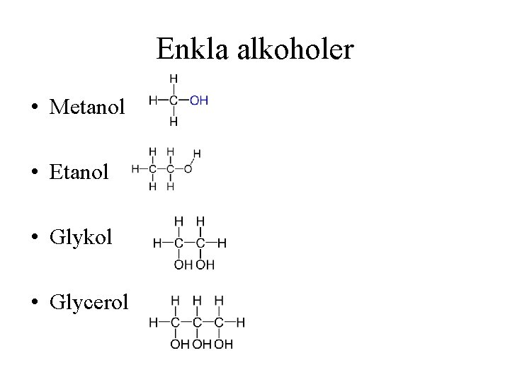 Enkla alkoholer • Metanol • Etanol • Glykol • Glycerol 