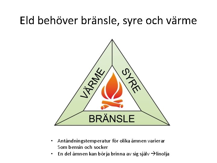 Eld behöver bränsle, syre och värme • Antändningstemperatur för olika ämnen varierar Som bensin