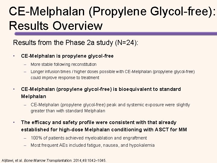 CE-Melphalan (Propylene Glycol-free): Results Overview Results from the Phase 2 a study (N=24): •