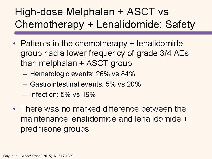 High-dose Melphalan + ASCT vs Chemotherapy + Lenalidomide: Safety • Patients in the chemotherapy