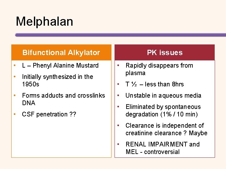 Melphalan Bifunctional Alkylator • L – Phenyl Alanine Mustard • Initially synthesized in the