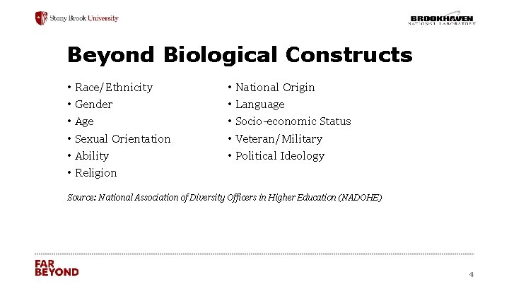 Beyond Biological Constructs • Race/Ethnicity • Gender • Age • Sexual Orientation • Ability