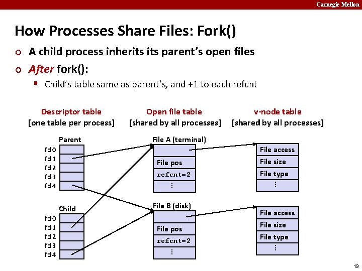 Carnegie Mellon How Processes Share Files: Fork() ¢ ¢ A child process inherits parent’s