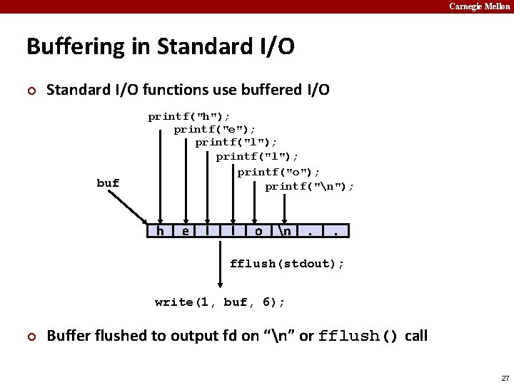 Carnegie Mellon Buffering in Standard I/O ¢ Standard I/O functions use buffered I/O buf