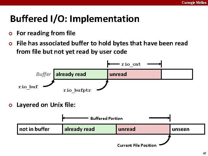 Carnegie Mellon Buffered I/O: Implementation ¢ ¢ For reading from file File has associated