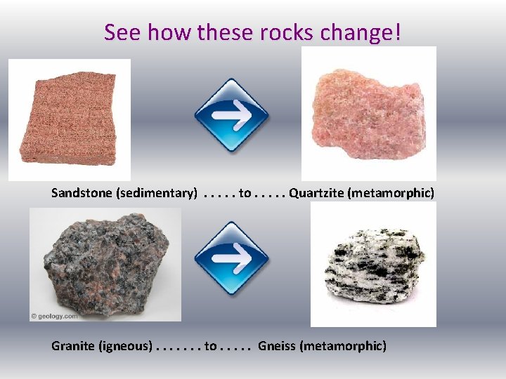 See how these rocks change! Sandstone (sedimentary). . . to. . . Quartzite (metamorphic)