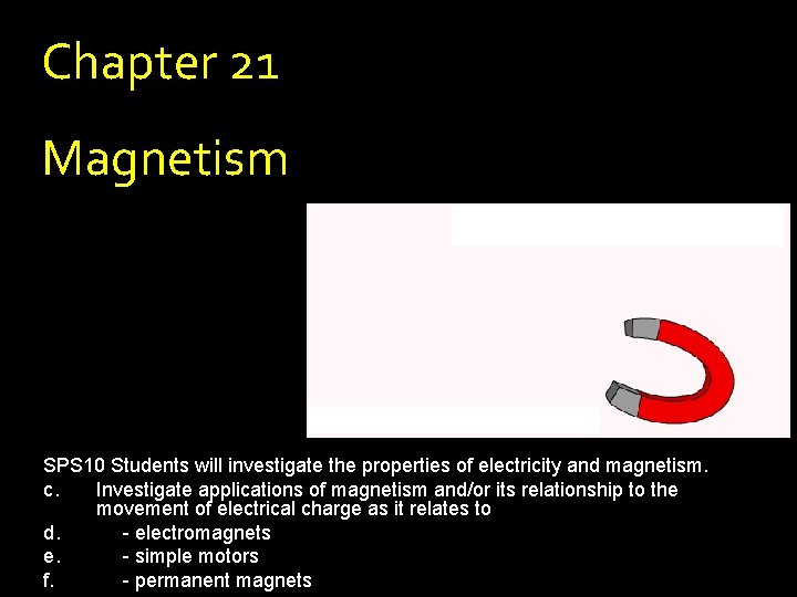 Chapter 21 Magnetism SPS 10 Students will investigate the properties of electricity and magnetism.