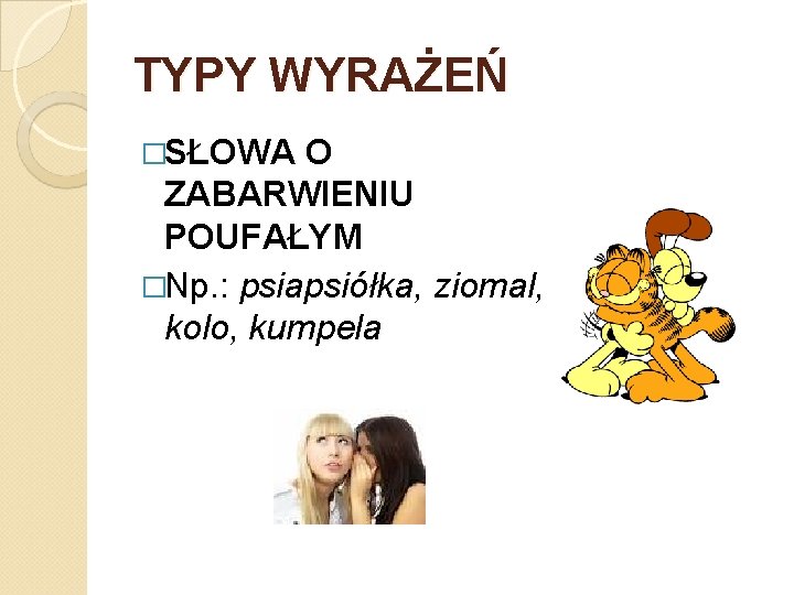 TYPY WYRAŻEŃ �SŁOWA O ZABARWIENIU POUFAŁYM �Np. : psiapsiółka, ziomal, kolo, kumpela 