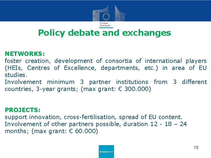 Policy debate and exchanges NETWORKS: foster creation, development of consortia of international players (HEIs,