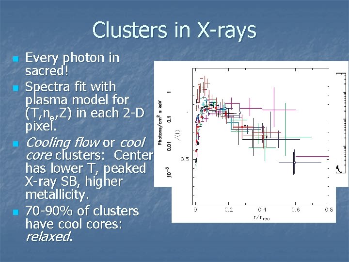 Clusters in X-rays n n Every photon in sacred! Spectra fit with plasma model