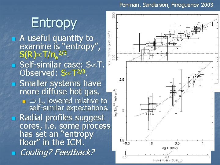 Ponman, Sanderson, Finoguenov 2003 Entropy n n n A useful quantity to examine is