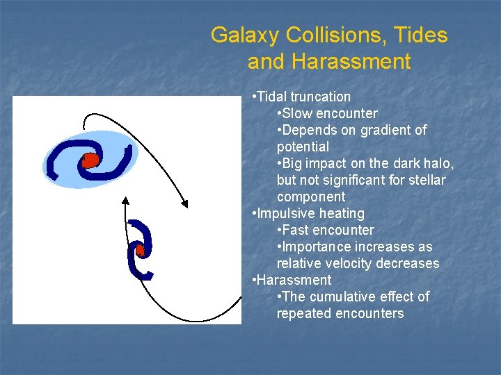 Galaxy Collisions, Tides and Harassment • Tidal truncation • Slow encounter • Depends on