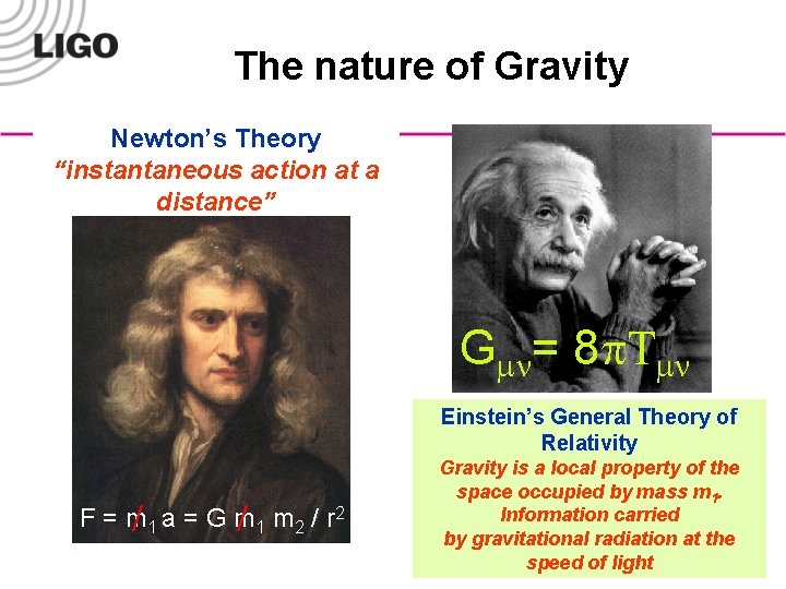 The nature of Gravity Newton’s Theory “instantaneous action at a distance” Gmn= 8 p.