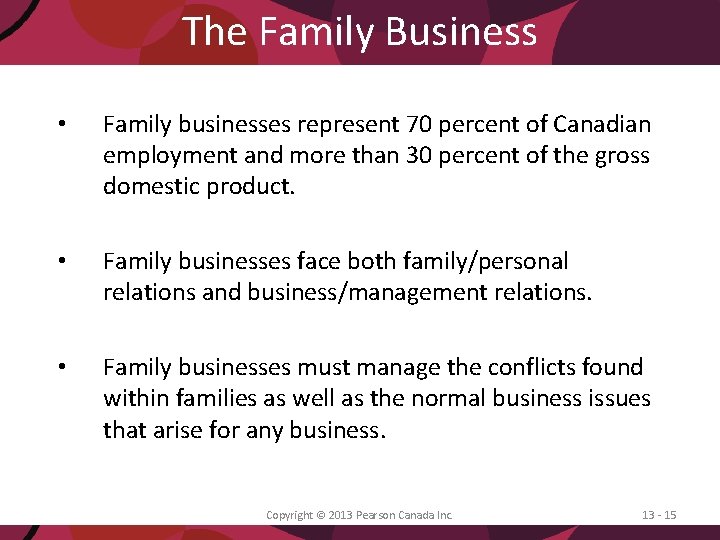 The Family Business • Family businesses represent 70 percent of Canadian employment and more