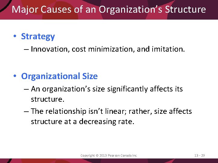 Major Causes of an Organization’s Structure • Strategy – Innovation, cost minimization, and imitation.