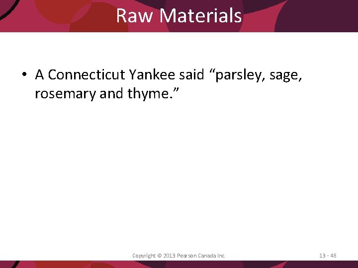 Raw Materials • A Connecticut Yankee said “parsley, sage, rosemary and thyme. ” Copyright