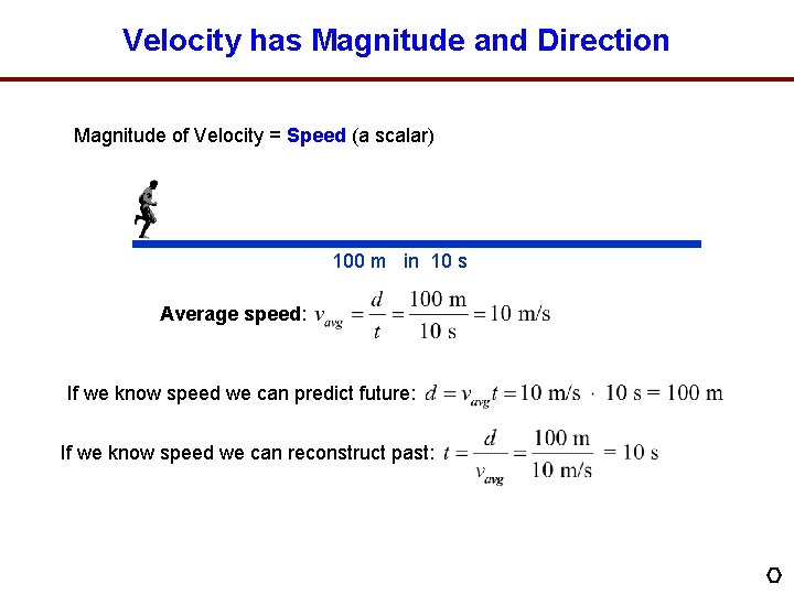 Velocity has Magnitude and Direction Magnitude of Velocity = Speed (a scalar) 100 m