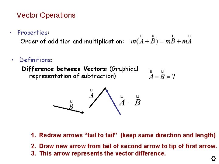 Vector Operations • Properties: Order of addition and multiplication: • Definitions: Difference between Vectors: