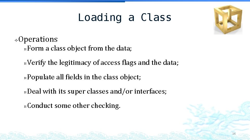 Loading a Class Operations Form a class object from the data; Verify the legitimacy Loading a Class Operations Form a class object from the data; Verify the legitimacy
