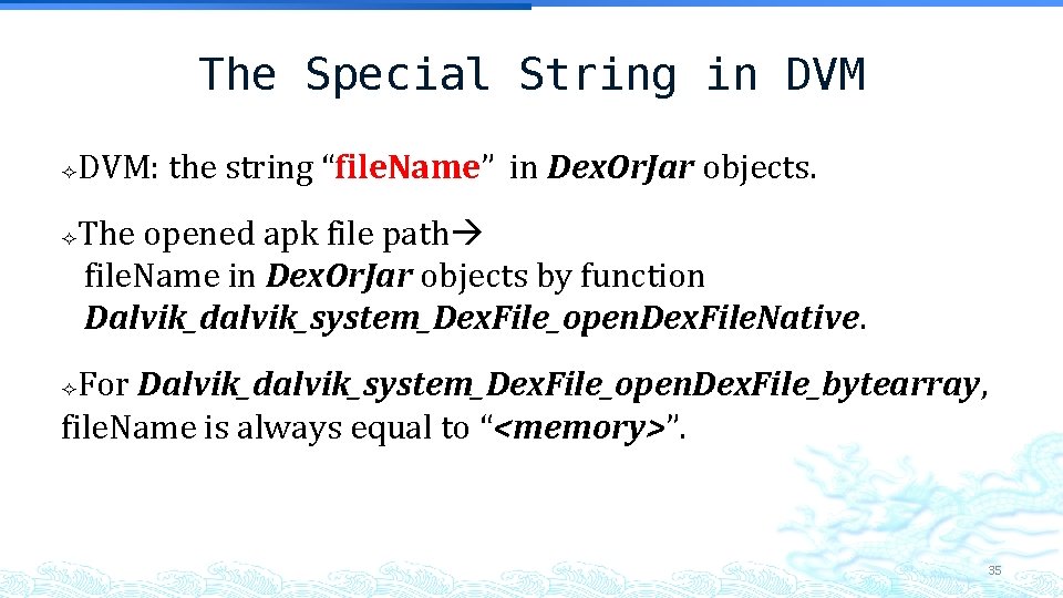 The Special String in DVM: the string “file. Name” in Dex. Or. Jar objects. The Special String in DVM: the string “file. Name” in Dex. Or. Jar objects.