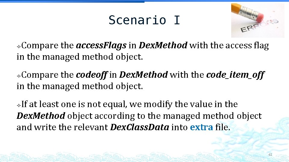 Scenario I Compare the access. Flags in Dex. Method with the access flag in Scenario I Compare the access. Flags in Dex. Method with the access flag in