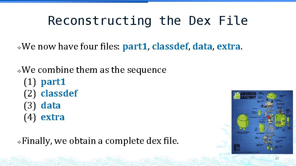 Reconstructing the Dex File We now have four files: part 1, classdef, data, extra. Reconstructing the Dex File We now have four files: part 1, classdef, data, extra.