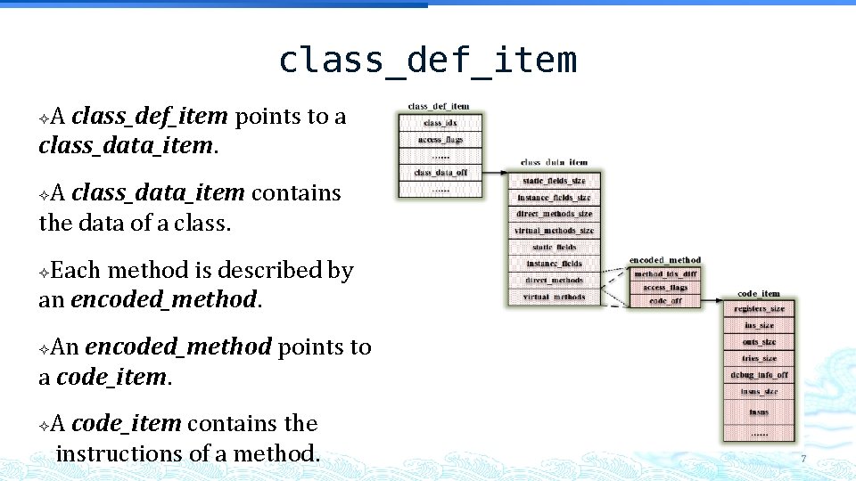 class_def_item A class_def_item points to a class_data_item. A class_data_item contains the data of a class_def_item A class_def_item points to a class_data_item. A class_data_item contains the data of a