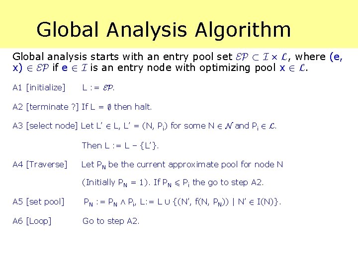 Global Analysis Algorithm Global analysis starts with an entry pool set EP ½ I
