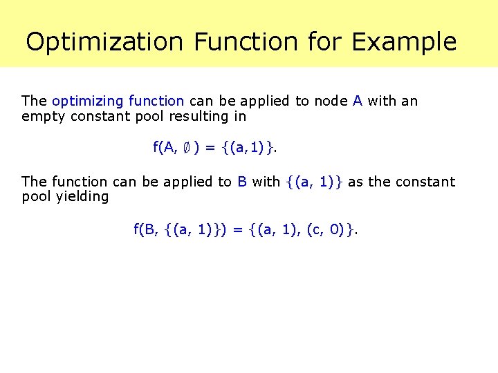 Optimization Function for Example The optimizing function can be applied to node A with