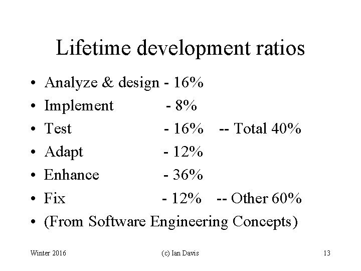 Lifetime development ratios • • Analyze & design - 16% Implement - 8% Test