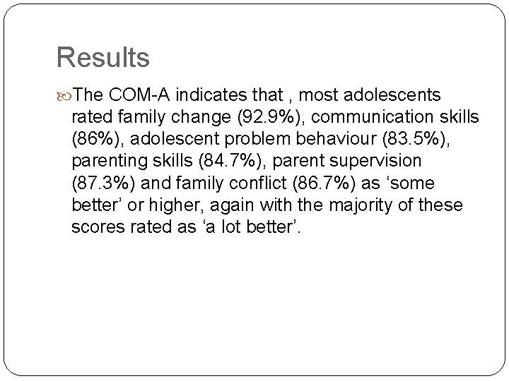 Results The COM-A indicates that , most adolescents rated family change (92. 9%), communication Results The COM-A indicates that , most adolescents rated family change (92. 9%), communication