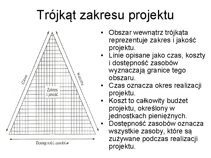 Trójkąt zakresu projektu • Obszar wewnątrz trójkąta reprezentuje zakres i jakość projektu. • Linie