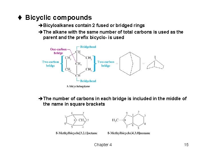 t Bicyclic compounds èBicyloalkanes contain 2 fused or bridged rings èThe alkane with the