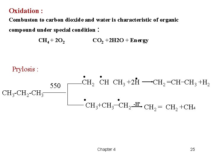 Oxidation : Combuston to carbon dioxide and water is characteristic of organic compound under