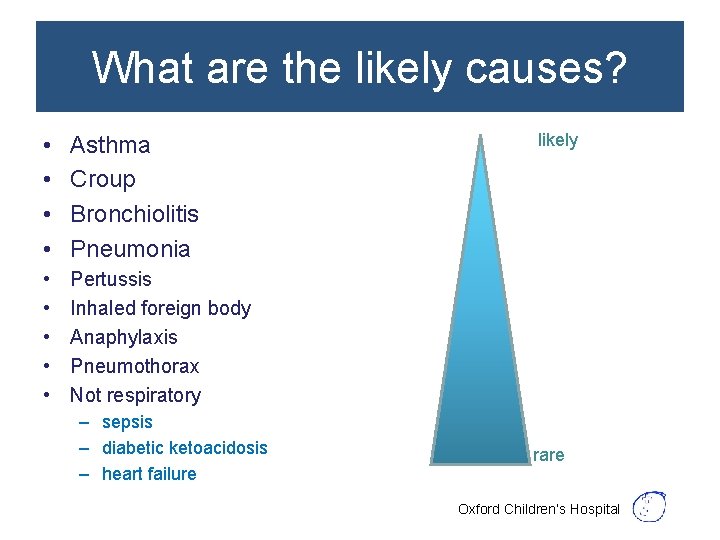 What are the likely causes? • • Asthma Croup Bronchiolitis Pneumonia • • •